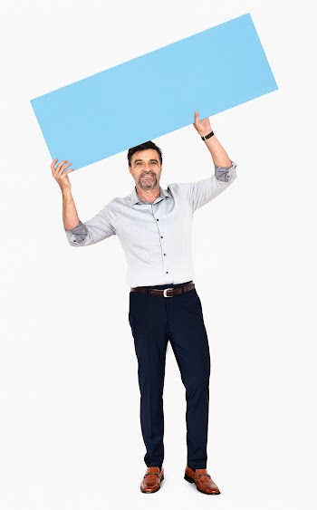Cheerful man showing a blank blue banner | Free stock psd mockup - 491145