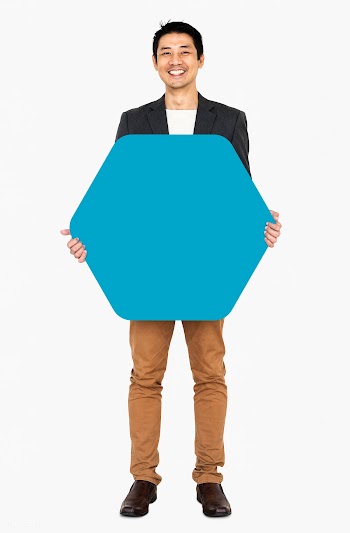 Cheerful man showing a blank blue hexagon sha.. | Free stock psd mockup - 491263