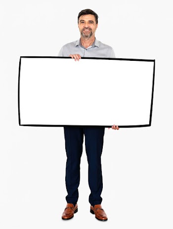 Cheerful man showing a blank white banner | Free stock psd mockup - 491064