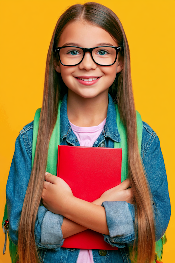 Cheerful School Girl with Red Notebook