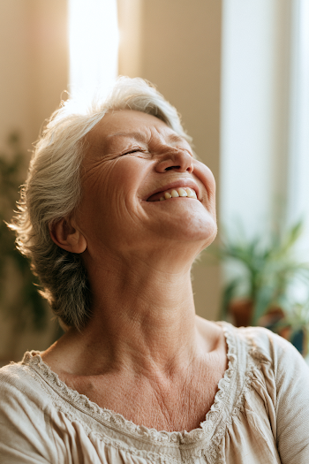 Cheerful Senior Woman in Bright Living Room
