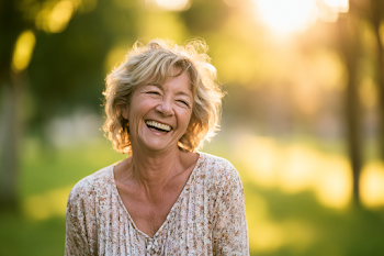 Cheerful Senior Woman Laughing in Sunlit Park