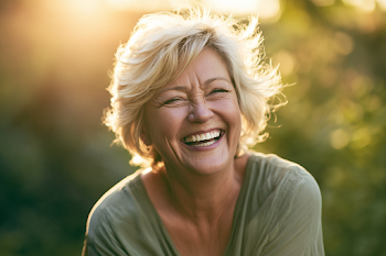 Cheerful Senior Woman Laughing in Sunlit Park