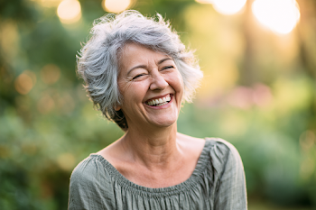 Cheerful Senior Woman Laughing in Sunlit Park