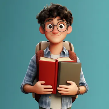 Cheerful teenage boy with glasses in a cozy study holding books Cheerful teenage boy with glasses in a cozy study holding books