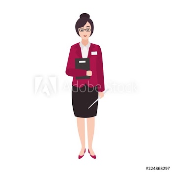Cheerful woman primary school teacher or educational worker holding book and pointer