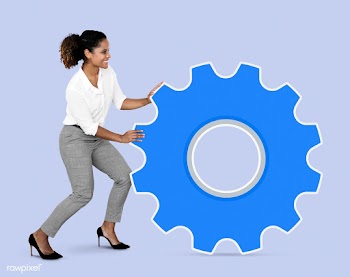 Cheerful woman rolling a blue gear icon | Free stock psd mockup - 493341