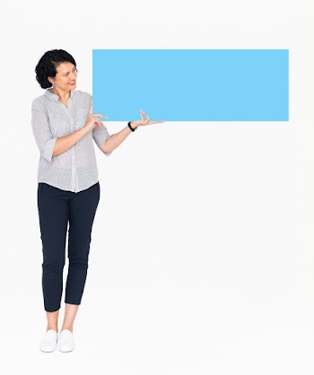 Cheerful woman showing a blank blue banner | Free stock psd mockup - 491049