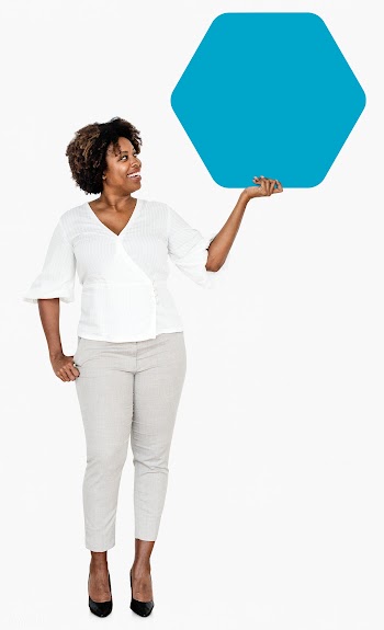 Cheerful woman showing a blank blue hexagon s.. | Free stock psd mockup - 491173