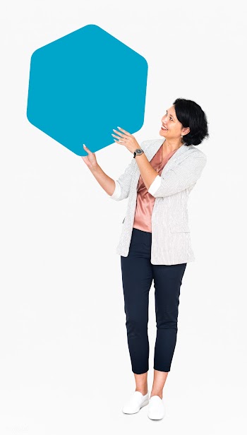 Cheerful woman showing a blank blue hexagon s.. | Free stock psd mockup - 491319