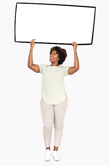 Cheerful woman showing a blank white banner | Free stock psd mockup - 491195