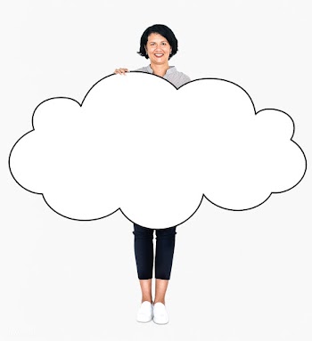 Cheerful woman showing a blank white cloud | Free stock psd mockup - 491063