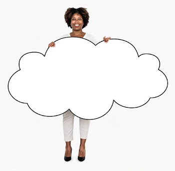 Cheerful woman showing a blank white cloud | Free stock psd mockup - 491107