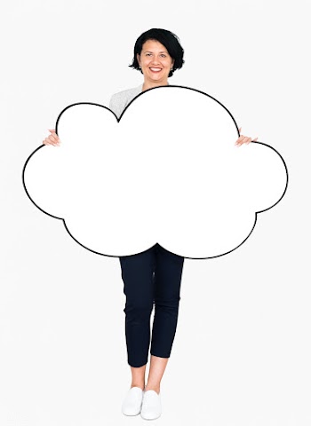 Cheerful woman showing a blank white cloud | Free stock psd mockup - 491125