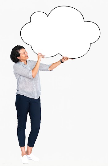Cheerful woman showing a blank white cloud | Free stock psd mockup - 491199