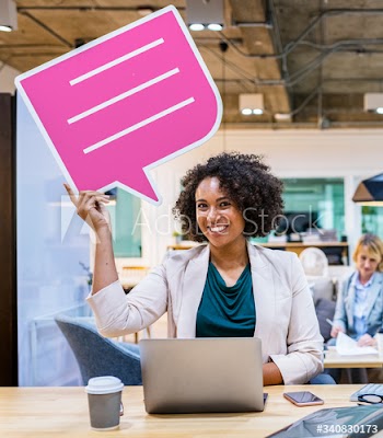 Cheerful woman with a speech bubble