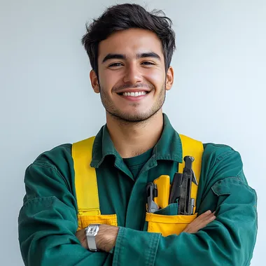 Cheerful young American man in green shirt and yellow overalls, ready to assist