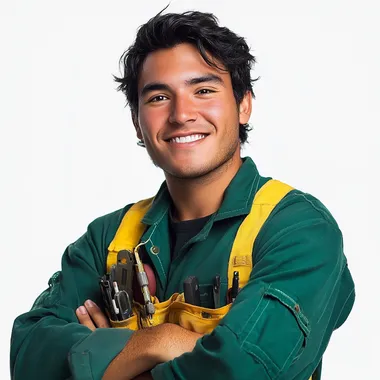 Cheerful young American professional in green and yellow utility shirt