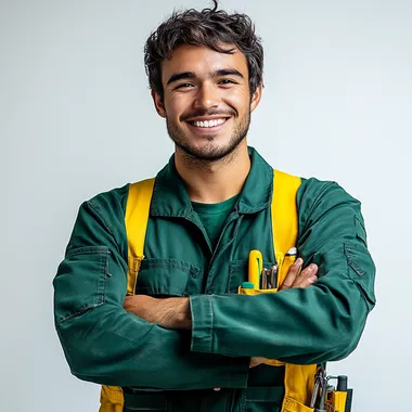 Cheerful young American professional in green and yellow work jacket