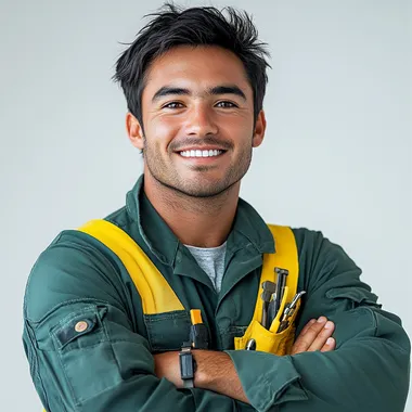 Cheerful young American professional in green and yellow work jacket