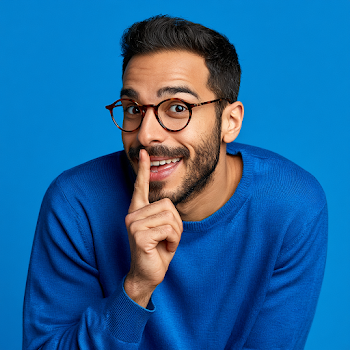 Cheerful Young Man Whispering a Secret in Blue