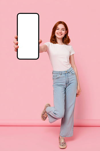 Cheerful Young Woman Holding Smartphone in Studio