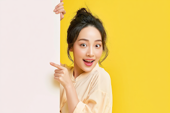 Cheerful Young Woman Peeking from Behind Blank Panel