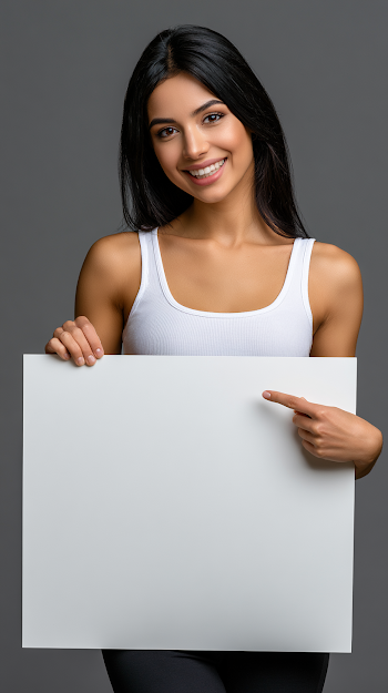 Cheerful Young Woman with Blank Poster Board