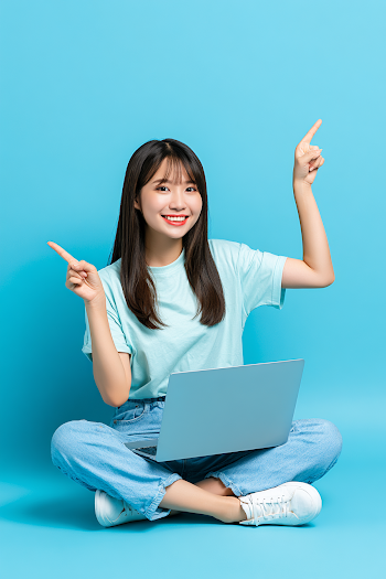 Cheerful Young Woman with Laptop in Studio Portrait