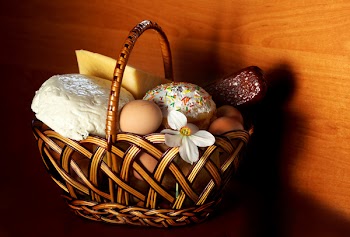 Cheese, sausage, eggs and Easter cake in a basket