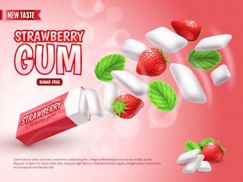 Chewing gum with strawberry and green leaves on blurred red gradient  advertising composition realistic Free Vector