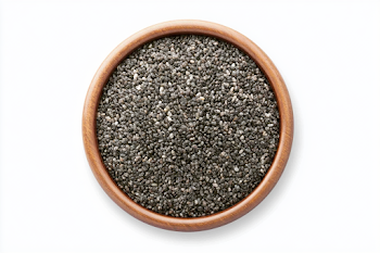 Chia Seeds in Wooden Bowl on White Background
