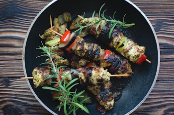 Chicken skewers on a wooden background 