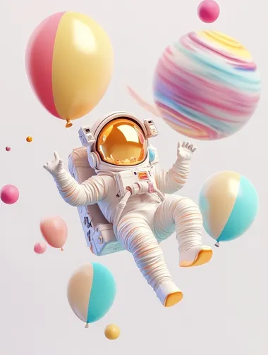 Child astronaut floating in space with colorful balloons near a planet Child astronaut floating in space with colorful balloons near a planet