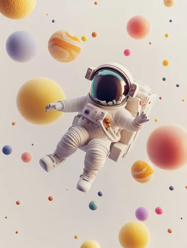 Child Astronaut Floating in Space with Colorful Planets and Balloons Child Astronaut Floating in Space with Colorful Planets and Balloons