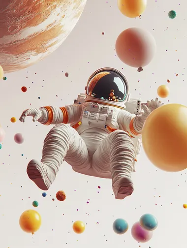 Child Astronaut Floating in Space with Planets, Colorful Cartoon Style Child Astronaut Floating in Space with Planets, Colorful Cartoon Style
