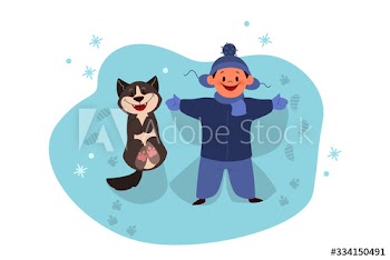 Child boy play with a dog outside