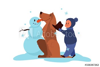 Child boy play with a dog outside