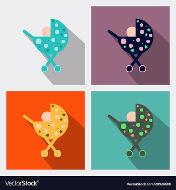 Child in a stroller flat square icons with long vector image