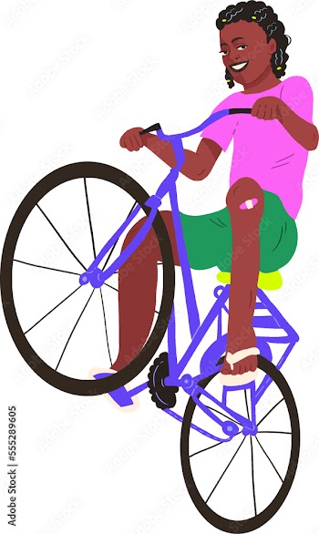 child riding bike in flipflops afro hairstyle transparent background