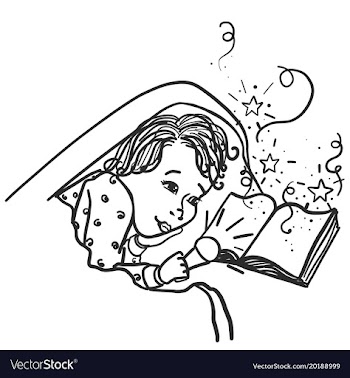 Child under the covers with a flashlight reading a vector image