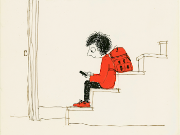 Child with Backpack on Staircase Using Smartphone
