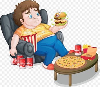 Childhood obesity Overweight Disease - A fat man sitting on a sofa eating something 