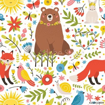 Childish seamless pattern with adorable animals, birds, blooming spring meadow flowers on white background