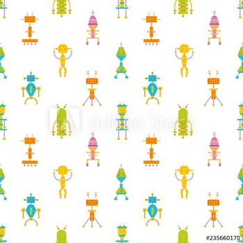 Childish seamless pattern with cute smiling robots on white background