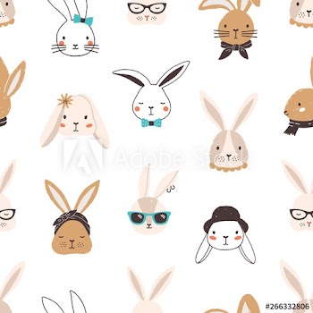 Childish seamless pattern with funny bunny faces on white background