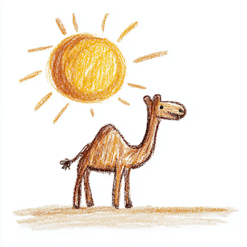Childlike Crayon Drawing of a Camel and Sun