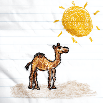 Childlike Crayon Drawing of a Camel Under the Sun