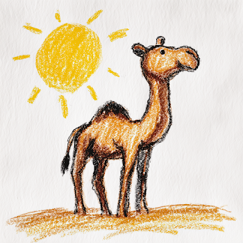 Childlike Drawing of a Camel in the Desert