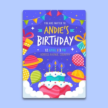 Children's birthday card template with cake and planets Free Vector